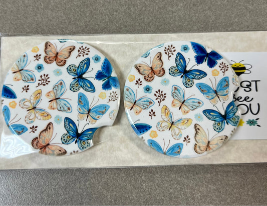 Blue Butterflies - Car Coaster 2PK - Handmade