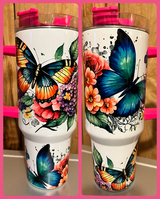 Butterflies with Pink Handle - Handmade Tumbler 40 oz