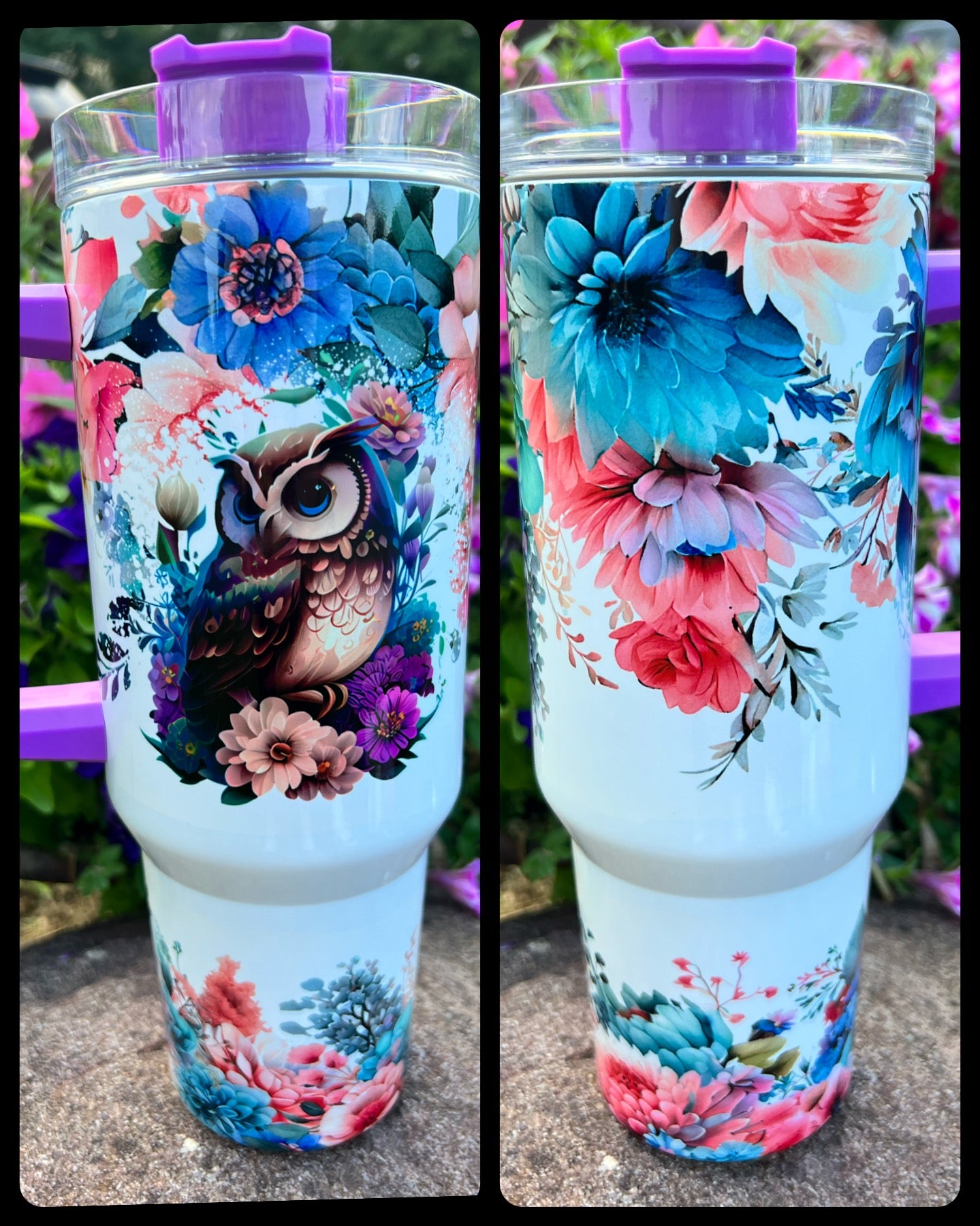 Owl with Purple Handle - Handmade Tumbler 40 oz