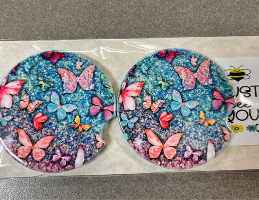 Pastel Butterflies- Car Coaster 2PK - Handmade