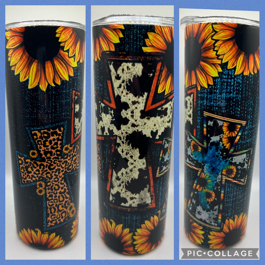 Blue Jean Sunflower Cross - Handmade Tumbler