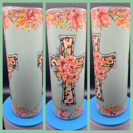 Pastel Leopard Floral Cross - Handmade Tumbler